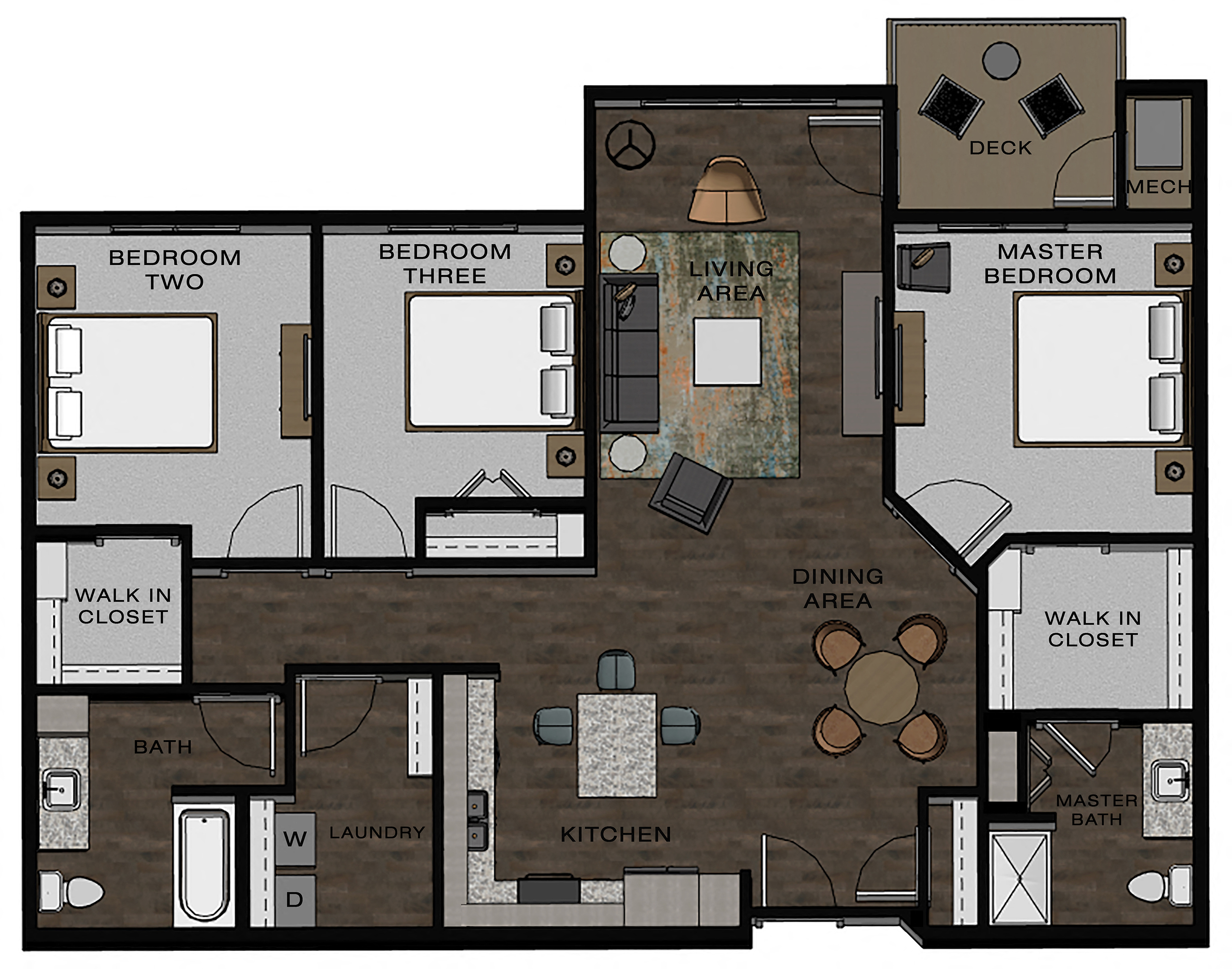 Floor plan for 3 beds, 2 baths, 1444 sqft